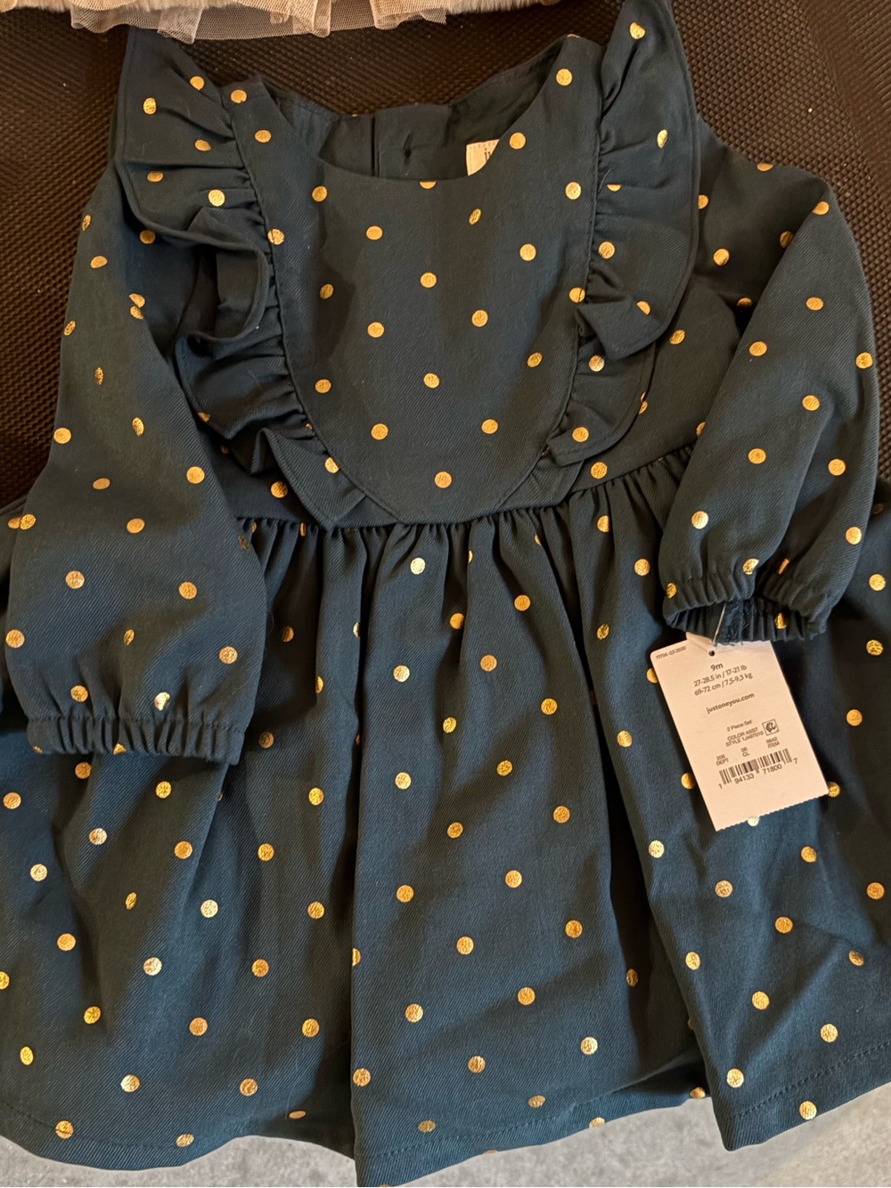 Carter's Teal Dress with Gold Polka Dots and Ruffle Bib